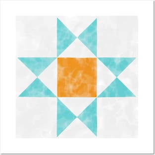 Ohio Star Orange and Teal Quilt Star Watercolor Posters and Art